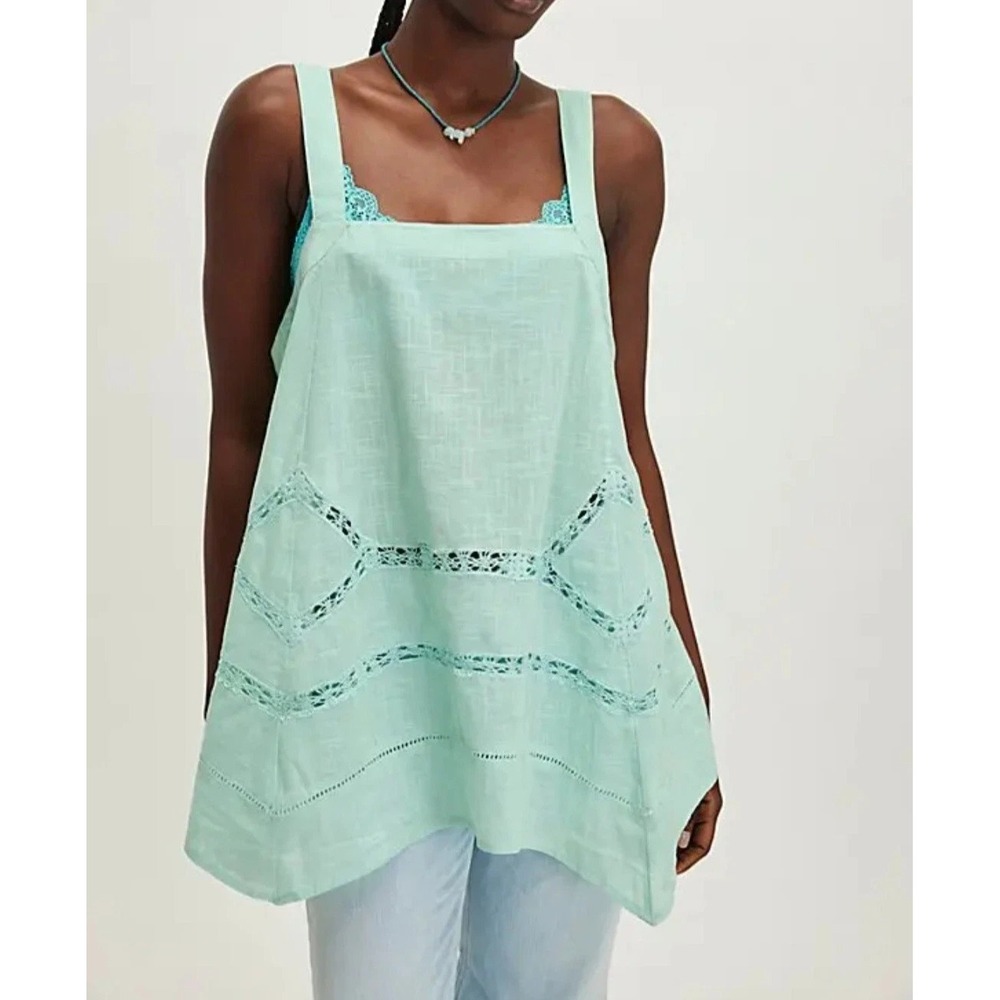 Free People Charlotte Tunic Top Size Small Blue Lace Open Tie Back Camisole